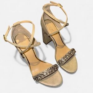 Jewel Badgley Mischka Elegant Beige Strappy Heels with Rhinestones